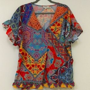 Ruffled Shirtsleeve Crepe Multi Color Fancy Top.  Size M Brand Umgee USA